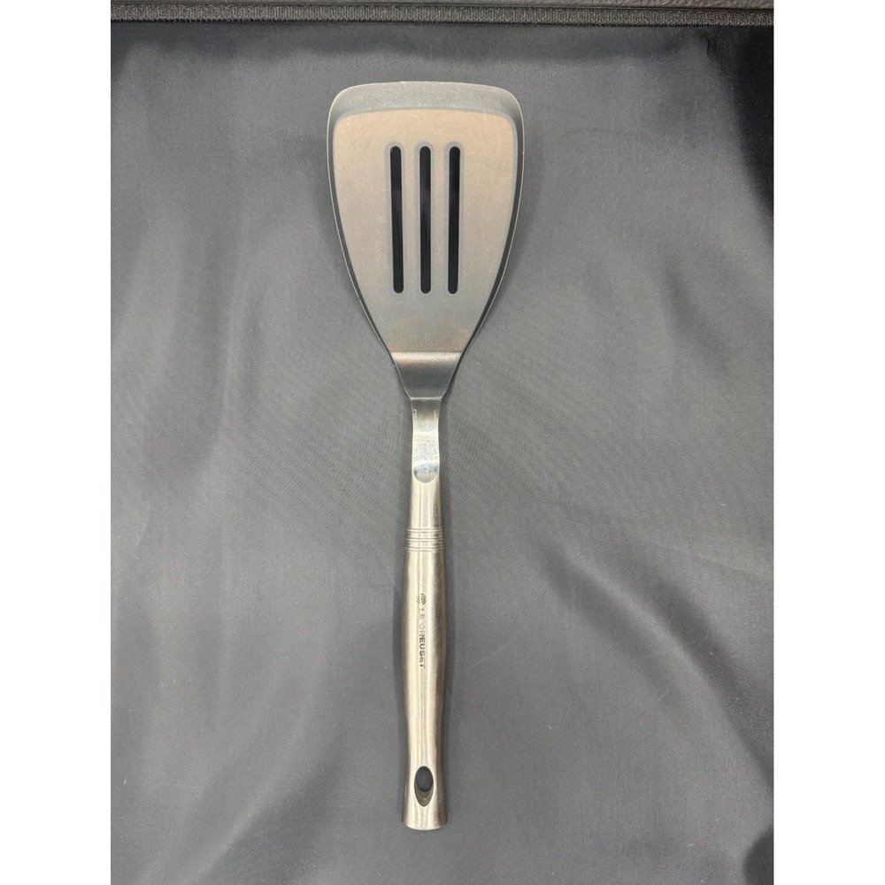 LE CREUSET Slotted Turner Spatula Black Silver Silicone Stainless Steel 13.5in